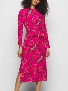 LAUREN RALPH LAUREN Feyella Pink Silk Horse Bit Equestrian Print Shirt Dress